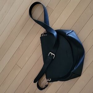 Louenhide Black Vegan Leather Crossbody Bag w Hoop Hardware Detail